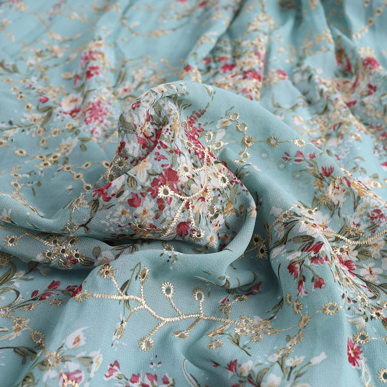 Embroidered Eyelets Chiffon Fabric Drape Floral Printing for Dresses Making 60 inch Wide (Grayish Green, Pre-Cut 4 Yards)