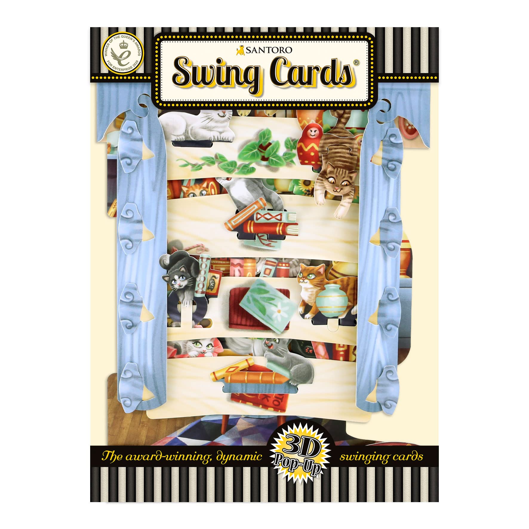 Santoro Swing Card, 3D Pop Up Greeting Card - Cats In The Library - For Her, For Mum, Cat Lover, Birthday, Mothers Day