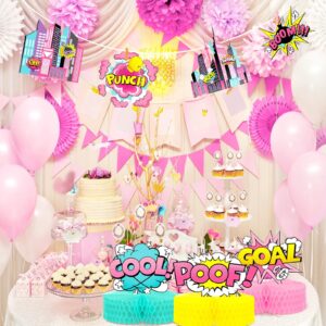 8 Pcs Hero Girl Party Supplies Hero Honeycomb Action Sign Pink Table Topper Centerpiece Paper Cardboard Cutouts for Happy Birthday Baby Girl Shower Party Favor