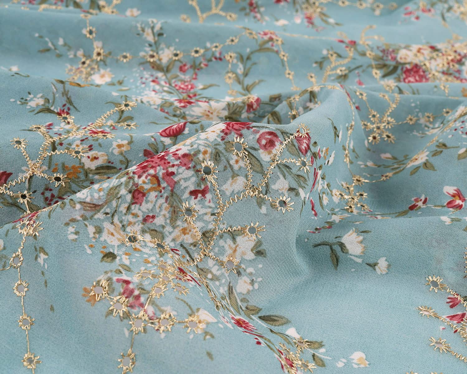 Embroidered Eyelets Chiffon Fabric Drape Floral Printing for Dresses Making 60 inch Wide (Grayish Green, Pre-Cut 4 Yards)