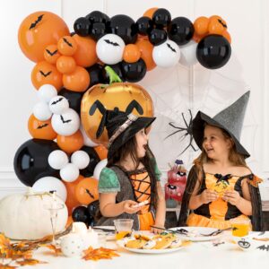 HOUSE OF PARTY Halloween Balloon Garland Kit 80 Pcs - 5/10/12/18 Inch Orange and Black White Balloon Arch with 1 Pumpkin Foil Balloon, PVC Bats & Spider Web For Halloween Party Decorations