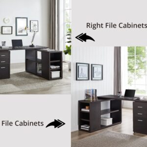 Naomi Home Ariel L Shaped Executive Desk with Drawers, Wood Home Office Corner Desk, File Drawer, Storage Cabinet, 60 inch Computer Writing Desk- Espresso