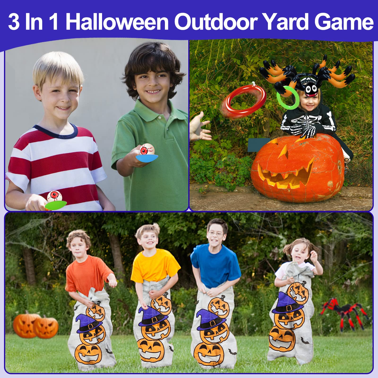 17 Pcs Halloween Party Games, 4 Potato Sack Race Bags, Inflatable Spider Ring Toss Game, 4 Eyeballs and Spoon Race Game for Kids Family Adults 4 Players Halloween Party Favor Decor Outdoor Indoor Yard