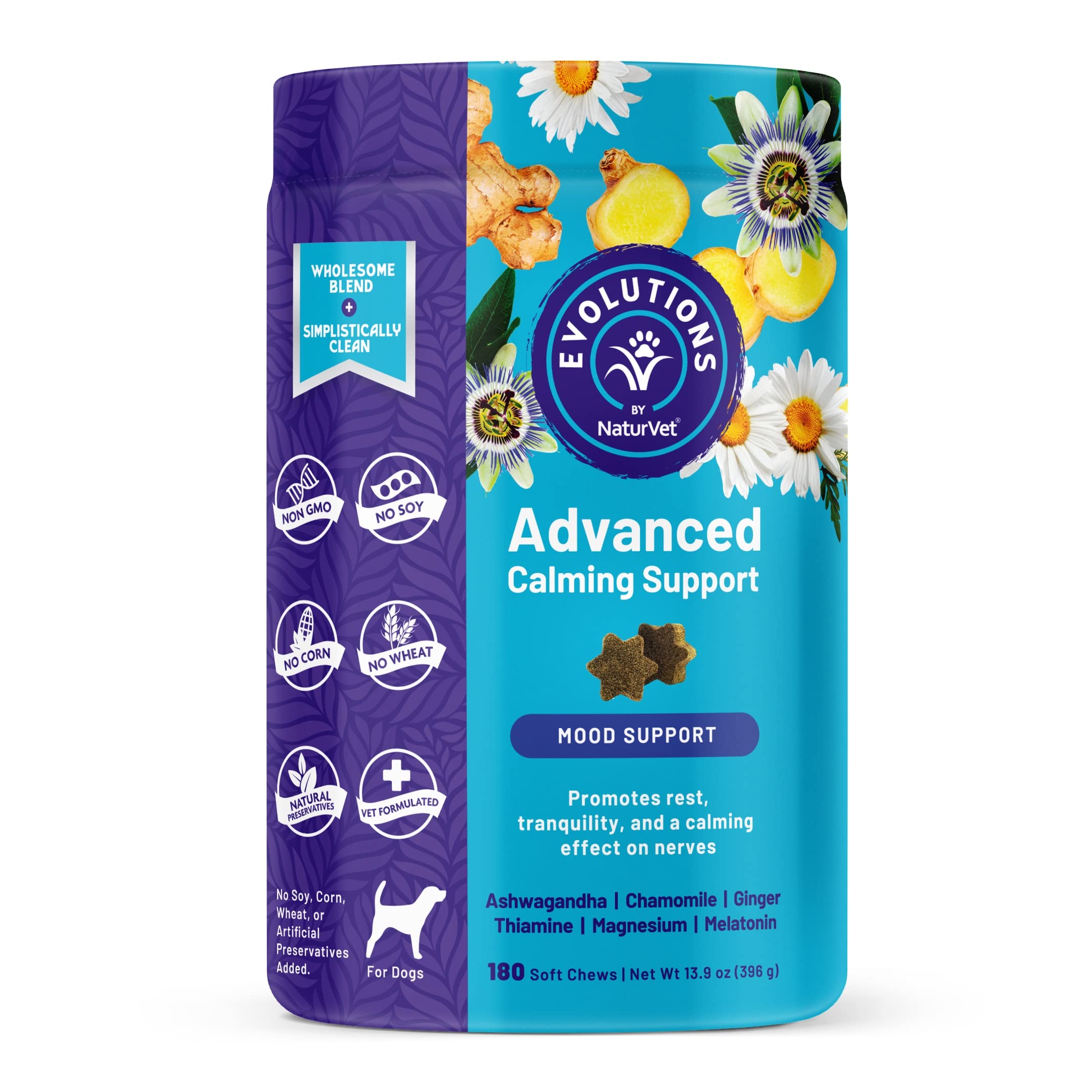 Evolutions by NaturVet Advanced Calming Support 180ct Soft Chews for Dogs - Ashwagandha, Chamomile, Ginger, Thiamine, Magnesium, Melatonin - Helps Promote Rest, Tranquility, Calming Effect on Nerves