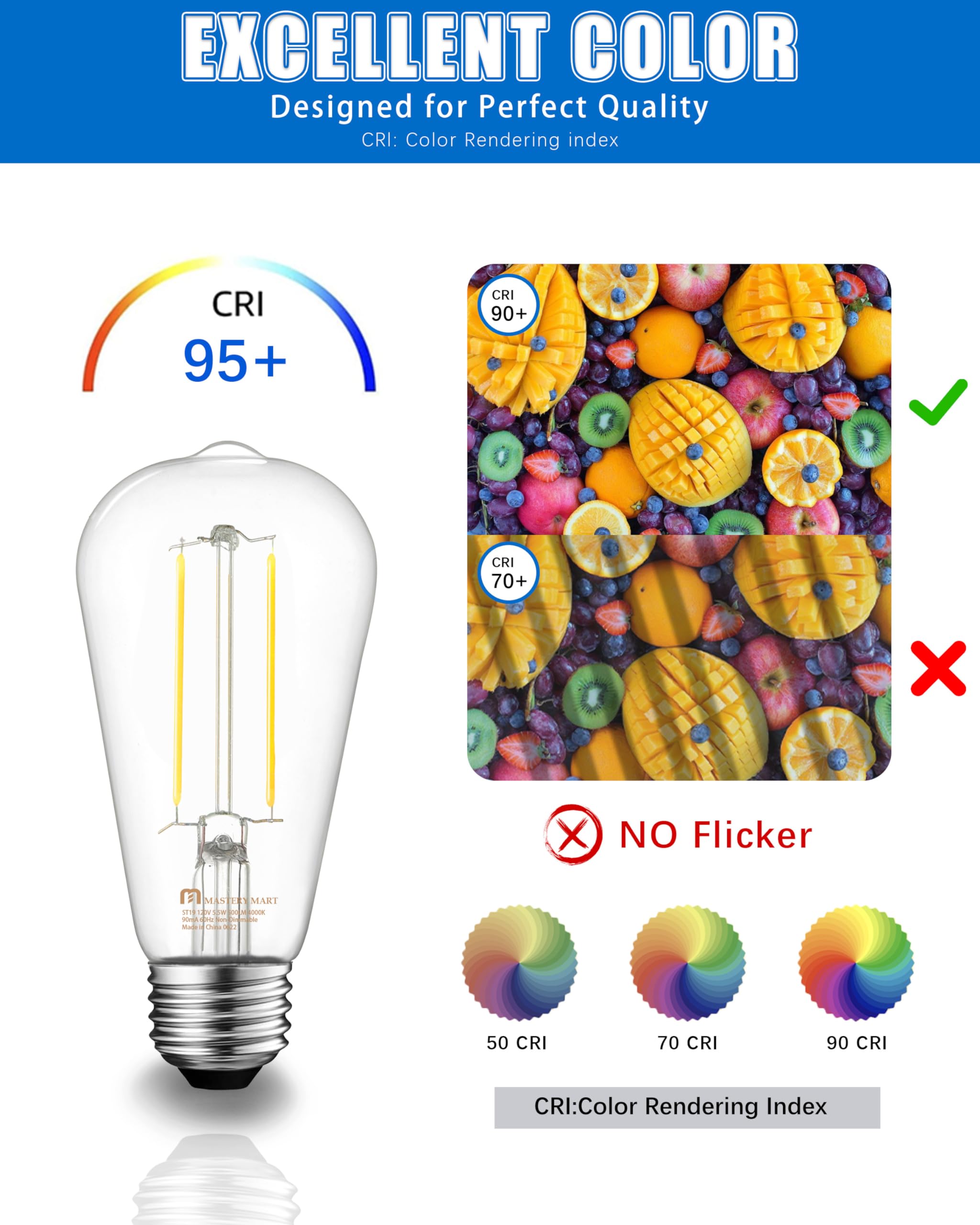 MASTERY MART E26 Led Bulb 60 Watt Equivalent, 5.5W Clear Edison Bulbs, Daylight White 4000k, CRI 90+, 500 Lumen, Vintage ST58 led Light Bulb for Home Non-Dimmable, 6 Pack