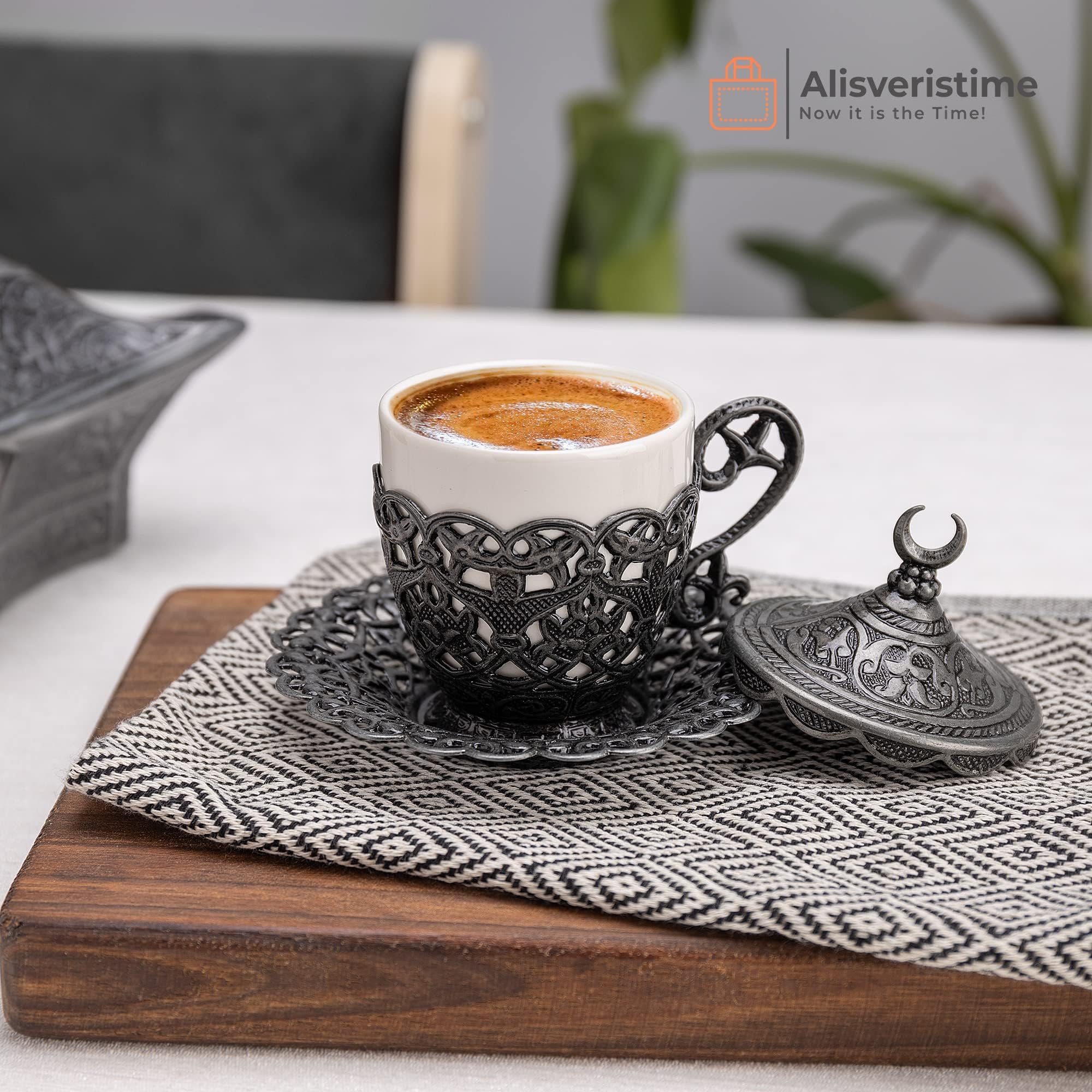 Alisveristime (1 Pc Turkish Coffee Cup - Traditional Design with Crescent Motif, Porcelain Cup and Saucer for Turkish, Greek, Arabic Coffee and Espresso (Gelincik) (Black)