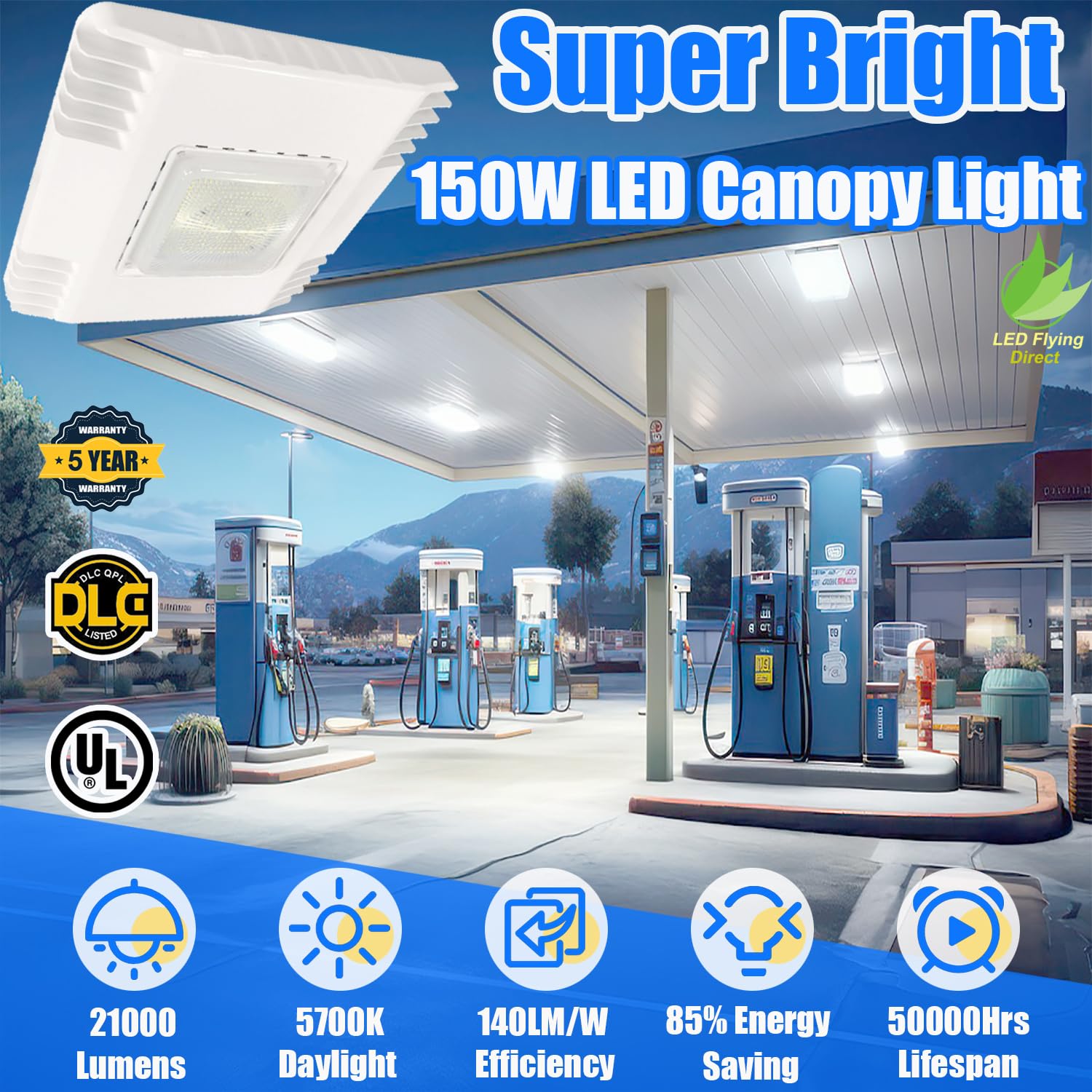 150W LED Canopy Light, 21000LM 5700K Daylight Super Bright Gas Station Carport Ceiling Light, IP65 Waterproof LED Garage Canopy Light (600W HID/HPS Equivalent) 100-277VAC DLC & UL Listed (2Pack)