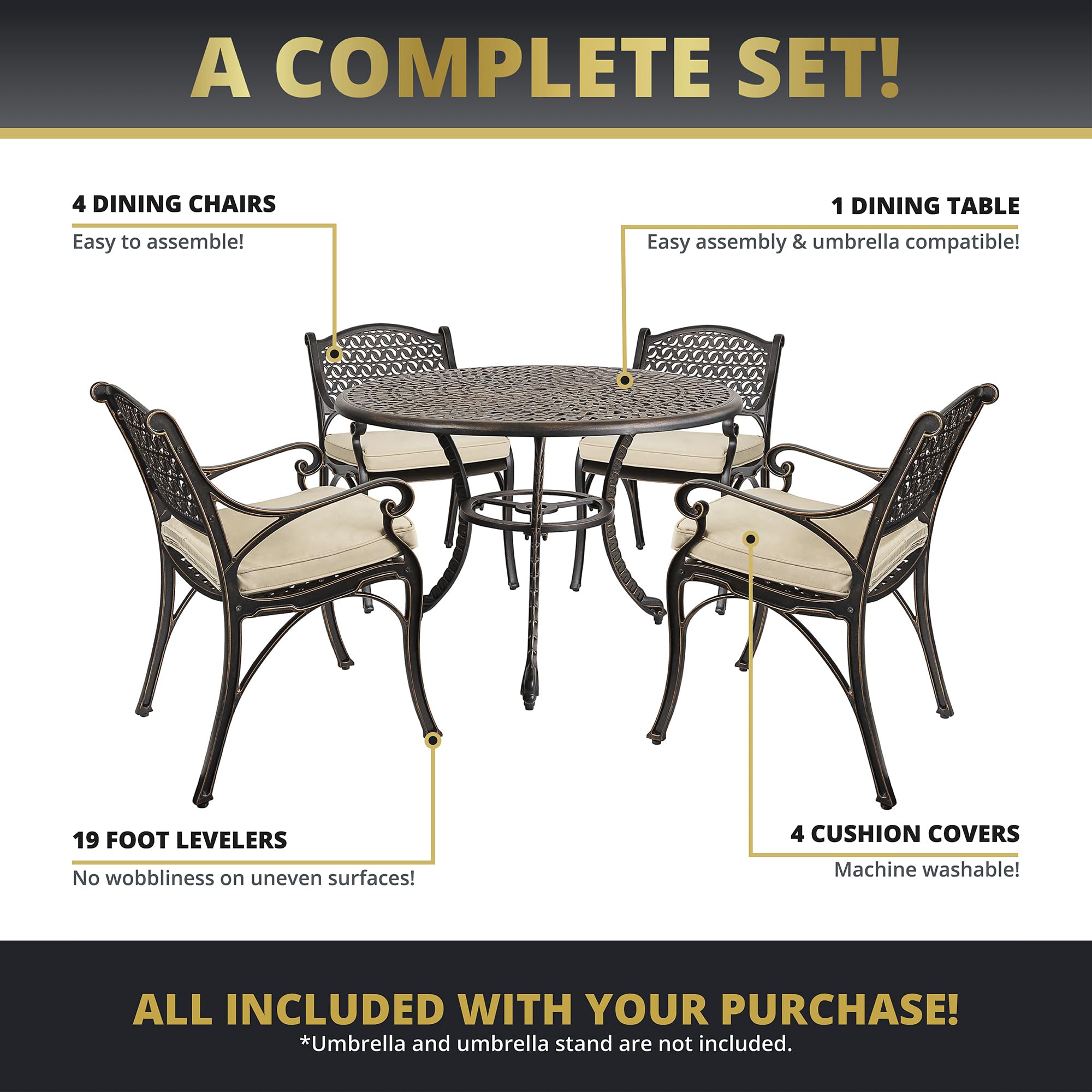 Kinger Home Harmon 5-Piece Cast Aluminum Outdoor Dining Set for 4 with Cushions - Elegant Round Patio Table and Chairs with Umbrella Hole, Bronze