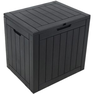 sunnydaze 32-gallon faux wood design outdoor deck box - lockable lid and side handles - phantom gray