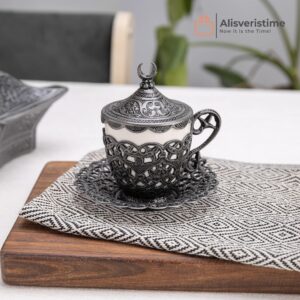 Alisveristime (1 Pc Turkish Coffee Cup - Traditional Design with Crescent Motif, Porcelain Cup and Saucer for Turkish, Greek, Arabic Coffee and Espresso (Gelincik) (Black)