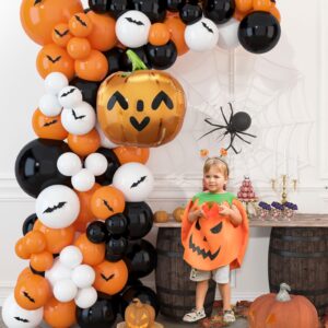 HOUSE OF PARTY Halloween Balloon Garland Kit 80 Pcs - 5/10/12/18 Inch Orange and Black White Balloon Arch with 1 Pumpkin Foil Balloon, PVC Bats & Spider Web For Halloween Party Decorations