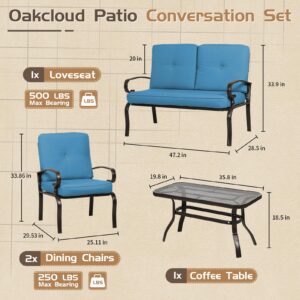 Oakcloud 4Pcs Metal Outdoor Furniture Patio Conversation Set (Loveseat and Coffee Table, 2 Dining Chair) -Wrought Iron Patio Chair Set with Cushions (Blue)