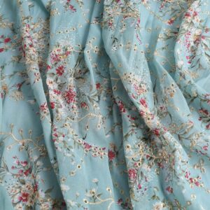 Embroidered Eyelets Chiffon Fabric Drape Floral Printing for Dresses Making 60 inch Wide (Grayish Green, Pre-Cut 4 Yards)