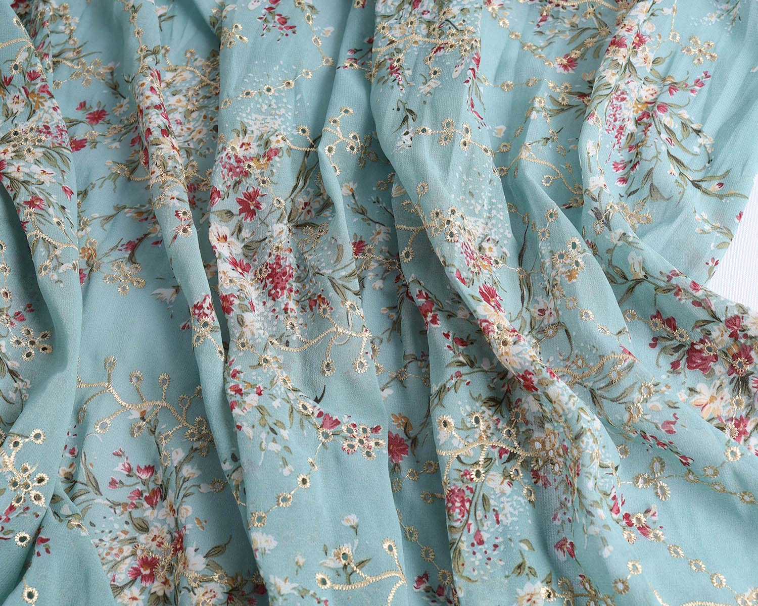 Embroidered Eyelets Chiffon Fabric Drape Floral Printing for Dresses Making 60 inch Wide (Grayish Green, Pre-Cut 4 Yards)