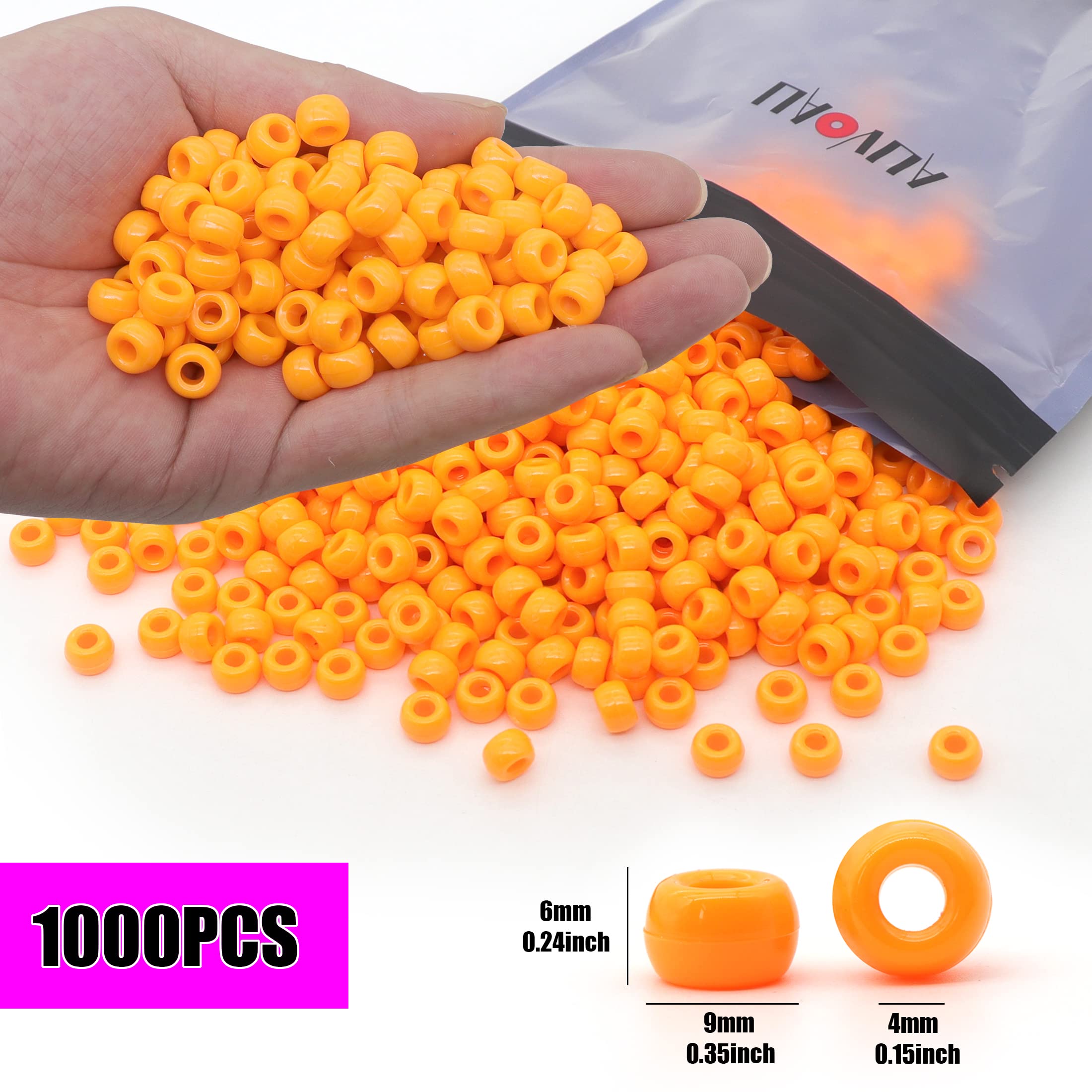 Auvoau 1000Pcs Pony Beads Bracelet 9mm Orange Plastic Barrel Pony Beads for Necklace,Hair Beads for Braids,Key Chain,Jewelry Making (Orange)