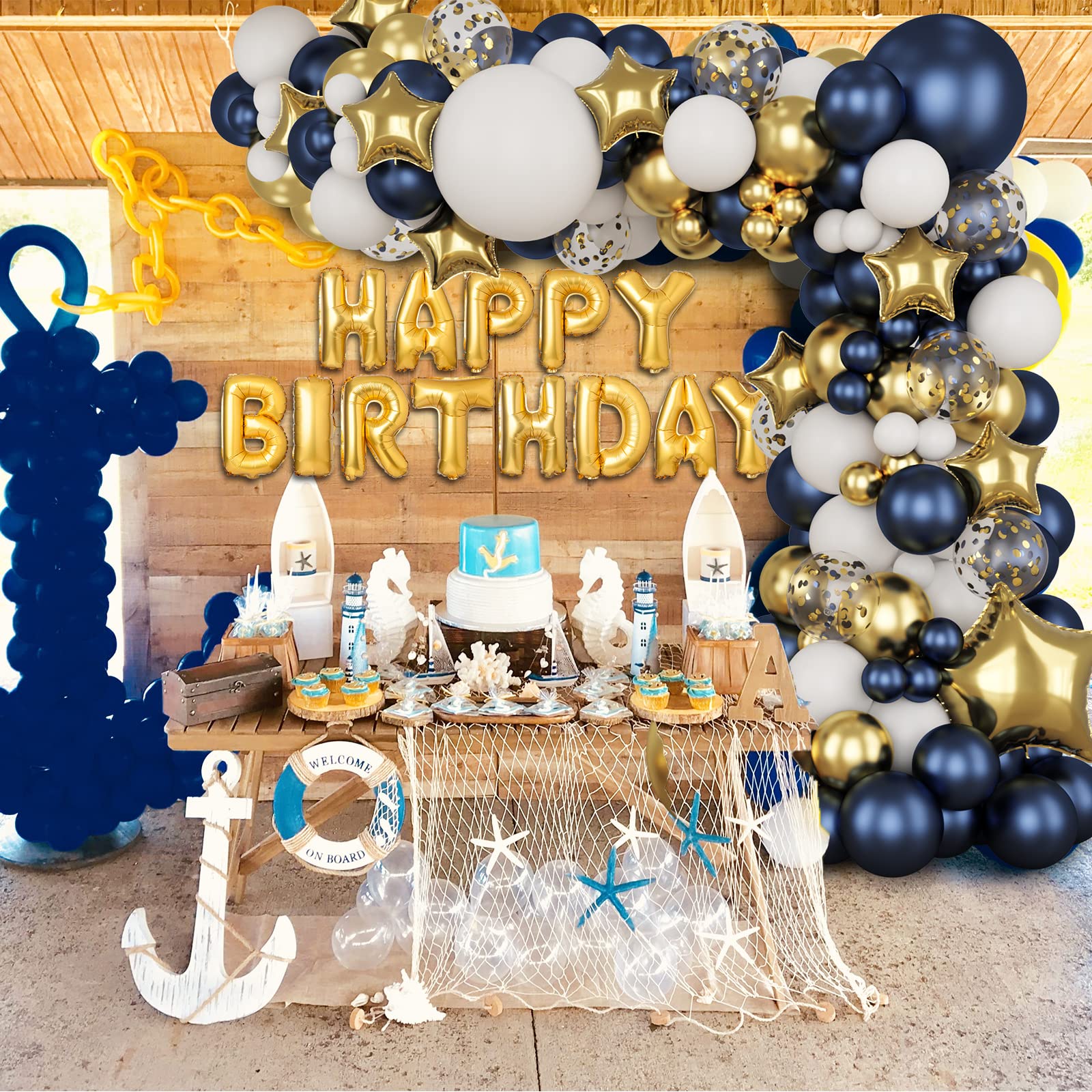 RUBFAC 176pcs Navy Blue Gold Balloons Arch Kit, Navy Blue Balloon Garland Metallic Gold White Confetti Balloon Foil Balloons for Baby Shower Birthday Party Wedding Anniversary Graduation Decoration