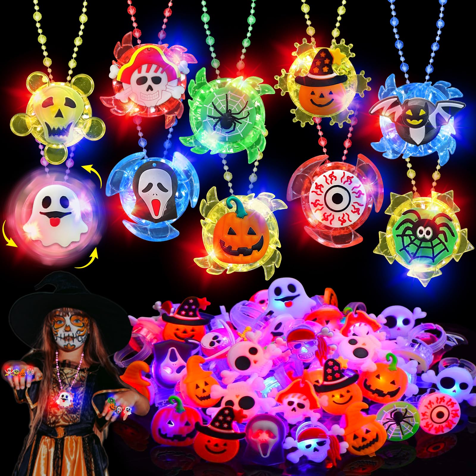 AMENON 60 Pcs Halloween Party Favors for Kids, 10 Styles Rotating Light Up Necklaces & 50 LED Flash Rings Halloween Toys Gifts Ghost Glow in The Dark Party Supplies Halloween Treat Goodie Bag Fillers