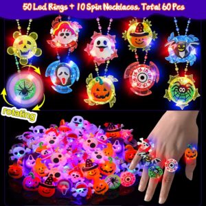 AMENON 60 Pcs Halloween Party Favors for Kids, 10 Styles Rotating Light Up Necklaces & 50 LED Flash Rings Halloween Toys Gifts Ghost Glow in The Dark Party Supplies Halloween Treat Goodie Bag Fillers