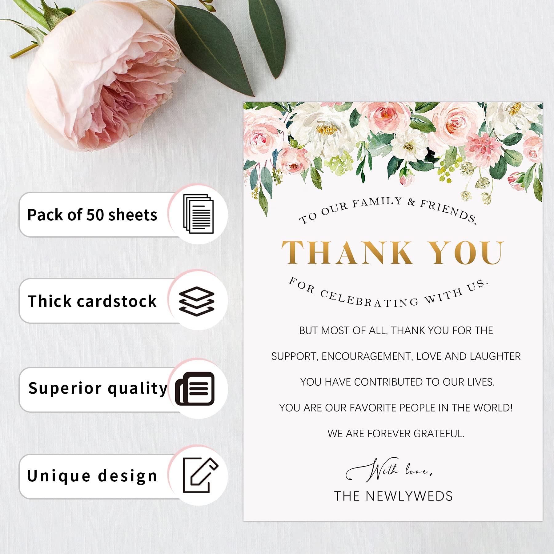 POWER UNICO FLOWER 50 Thank You Table Cards for Wedding, Floral Design Thank You Place Setting, Table Place Cards for Wedding, Dinner, Parties, Rehearsals, Event and Celebrations,5"x7" (5x7in, 621)