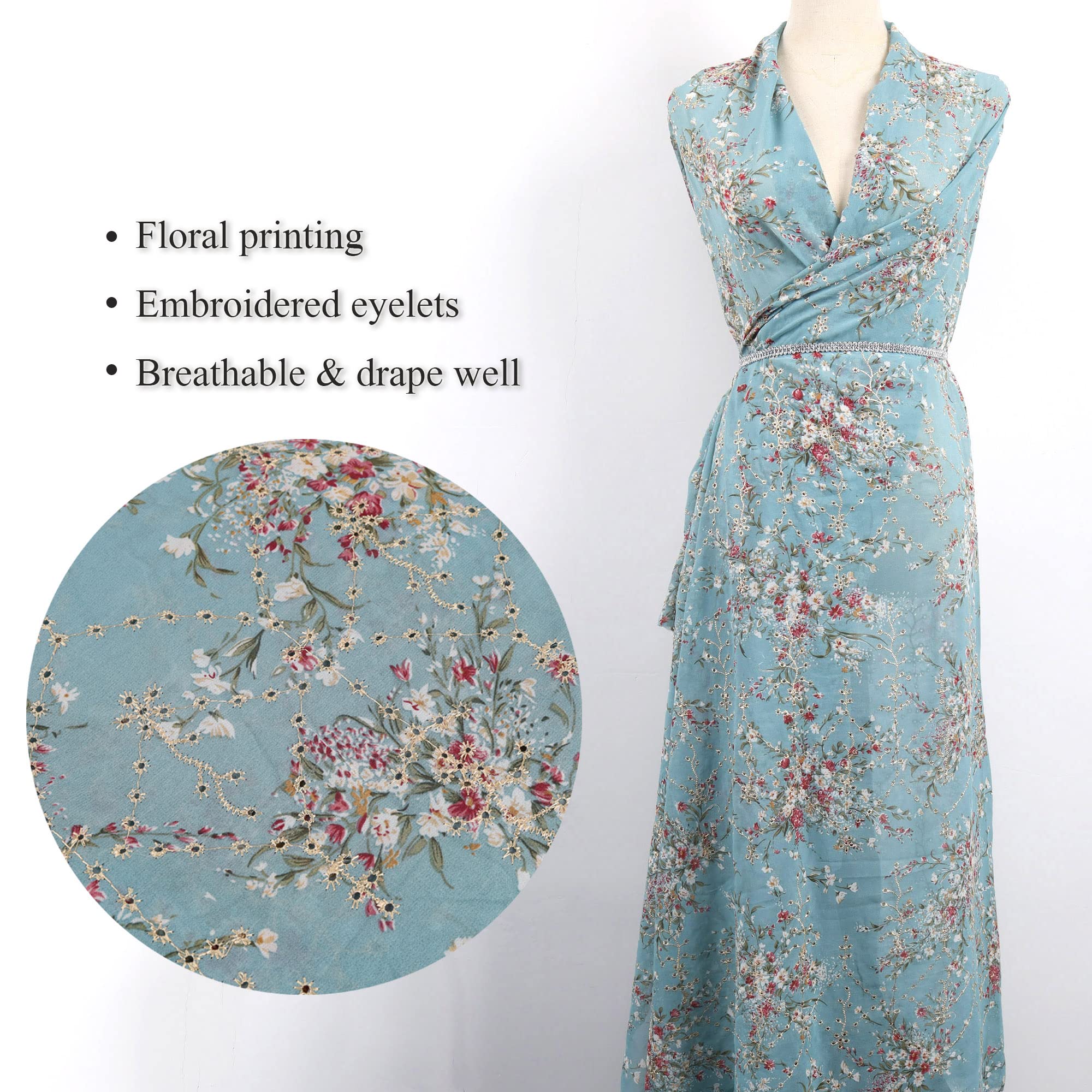 Embroidered Eyelets Chiffon Fabric Drape Floral Printing for Dresses Making 60 inch Wide (Grayish Green, Pre-Cut 4 Yards)