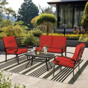 Oakcloud 4Pcs Metal Outdoor Furniture Patio Conversation Set (Loveseat and Coffee Table, 2 Dining Chair) -Wrought Iron Patio Chair Set with Cushions (Red)