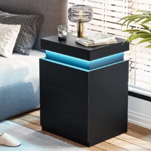 ADORNEVE Nightstand with Charging Station and LED Lights,Night Stand with Sliding Top,Bedside Table with Drawers,Modern End Side Table for Bedroom,Black