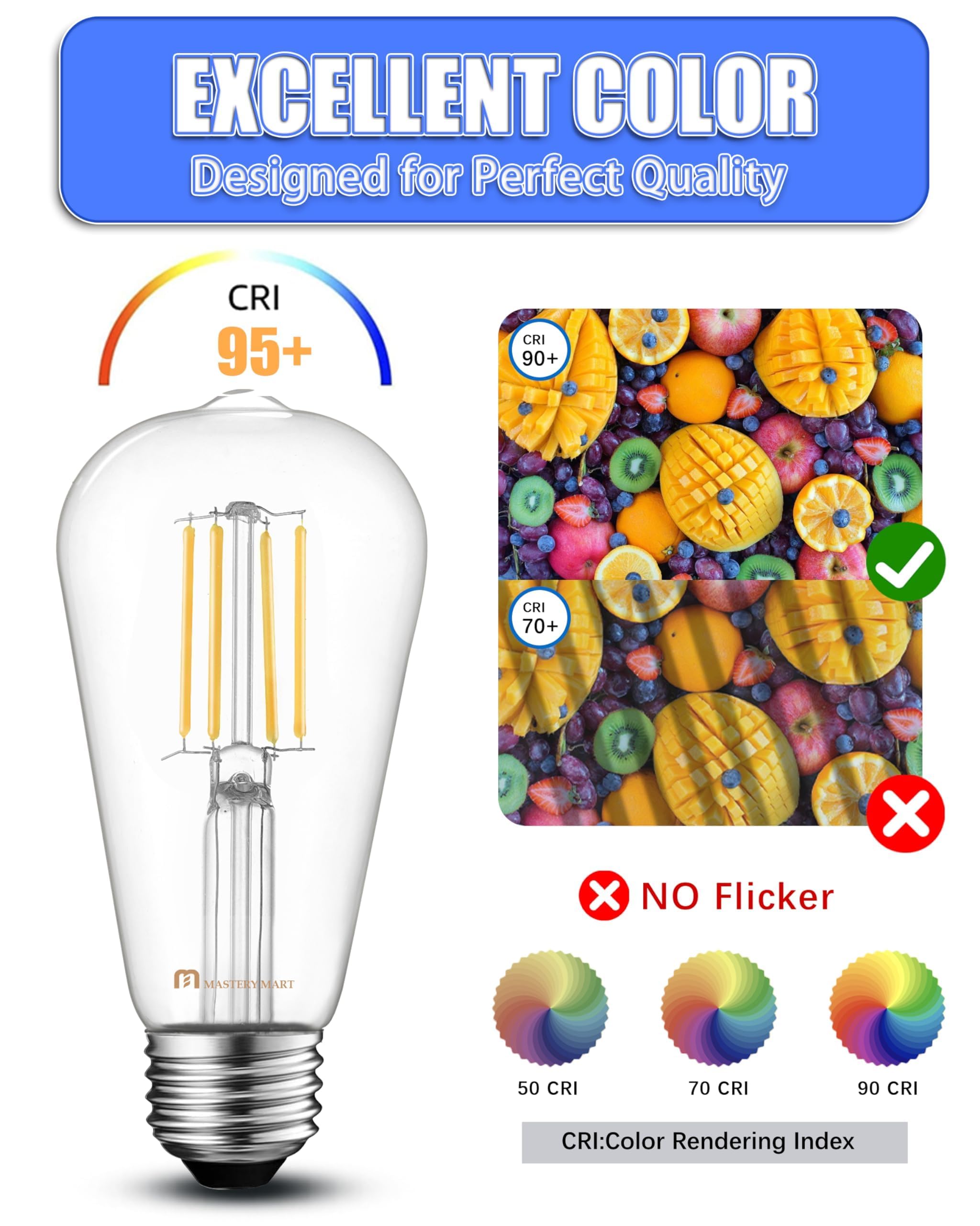 MASTERY MART Dimmable E26 Edison Bulbs 6 Pack, 5.5W LED Light Bulbs (60W Equivalent), Cool White 4000K, Clear Glass ST19 ST21