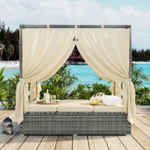 Patio Chaise Lounge, PE Rattan Outdoor Patio Wicker Sunbed Daybed with Adjustable Seats, Four-sided Canopy, Overhead Curtain and Beige Cushions for Backyard, Garden, Poolside (for 2-6 people)