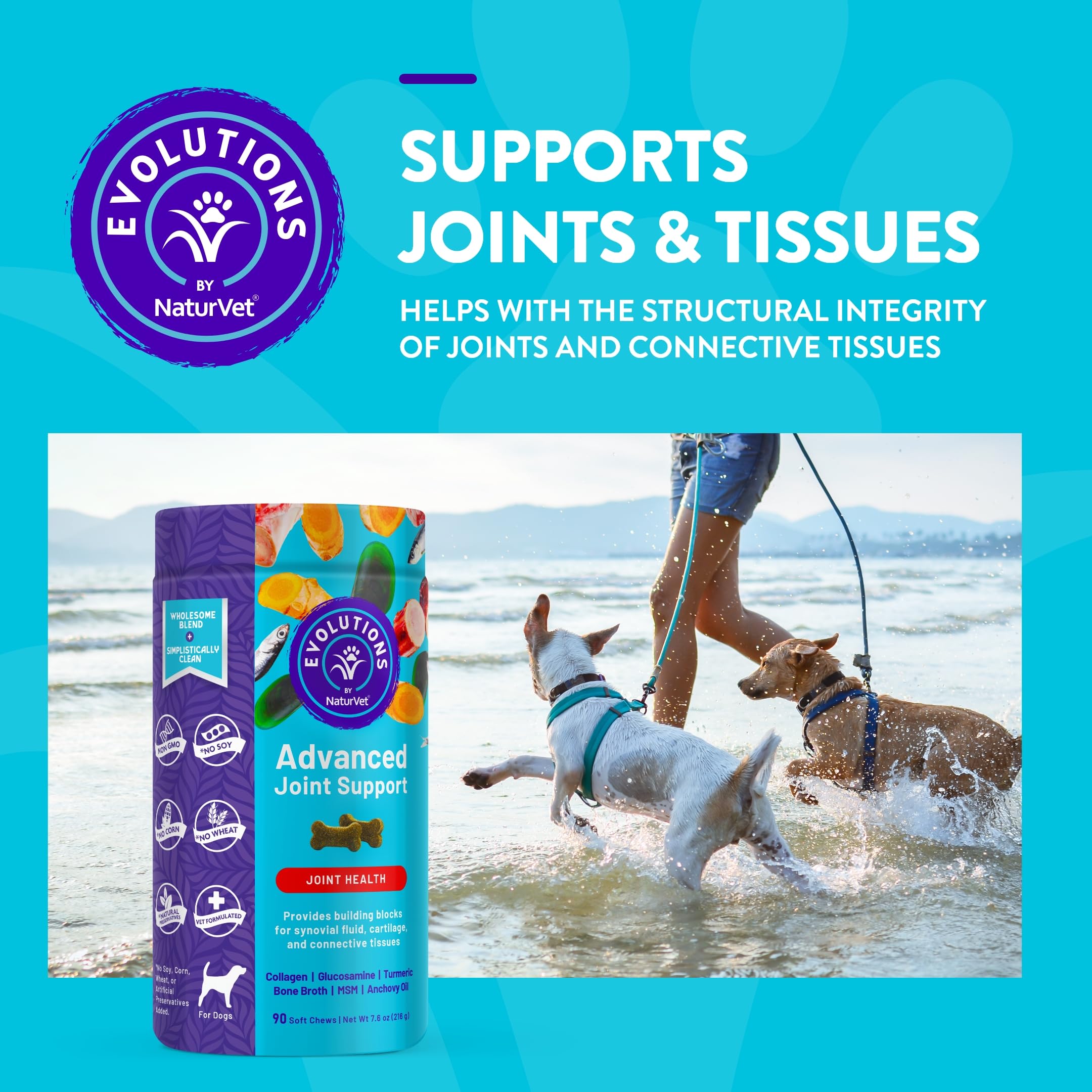 Evolutions by NaturVet Advanced Joint Support 90ct Soft Chews for Dogs - Anchovy Oil, Bone Broth, Collagen, Glucosamine, Turmeric, MSM - Helps Support Synovial Fluid, Cartilage, Connective Tissues