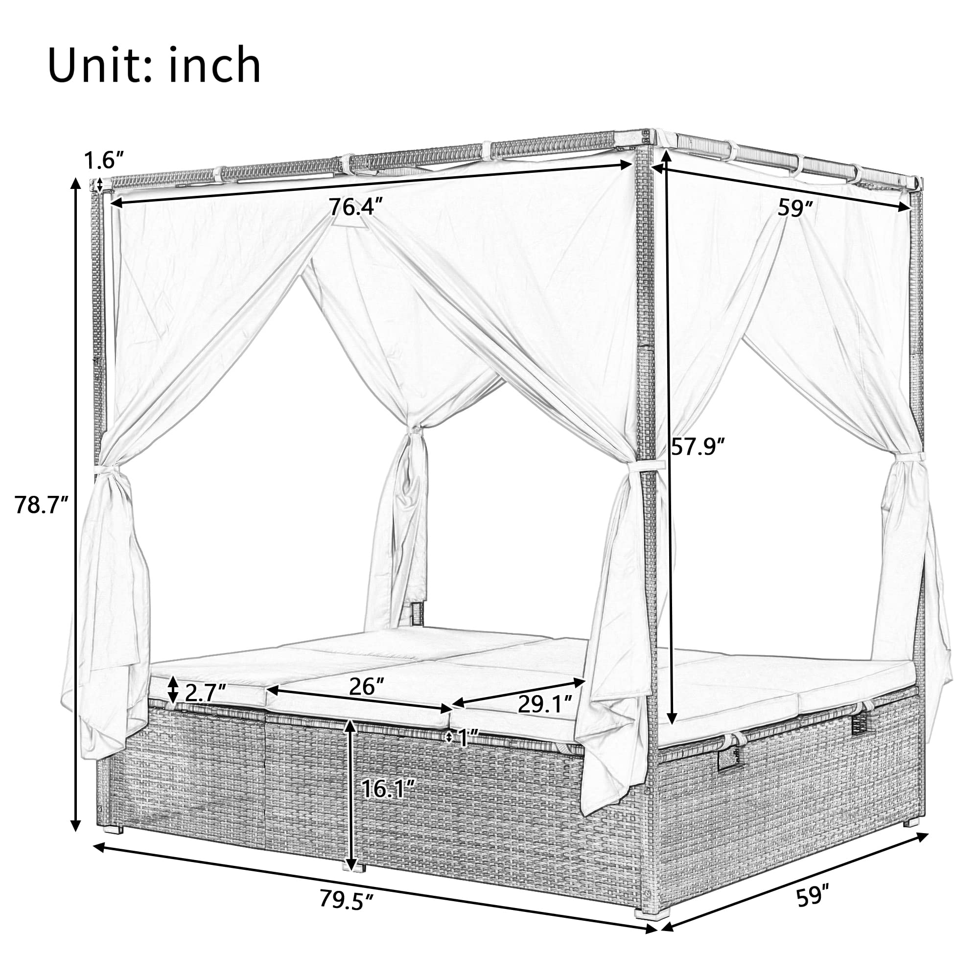 Patio Chaise Lounge, PE Rattan Outdoor Patio Wicker Sunbed Daybed with Adjustable Seats, Four-sided Canopy, Overhead Curtain and Beige Cushions for Backyard, Garden, Poolside (for 2-6 people)