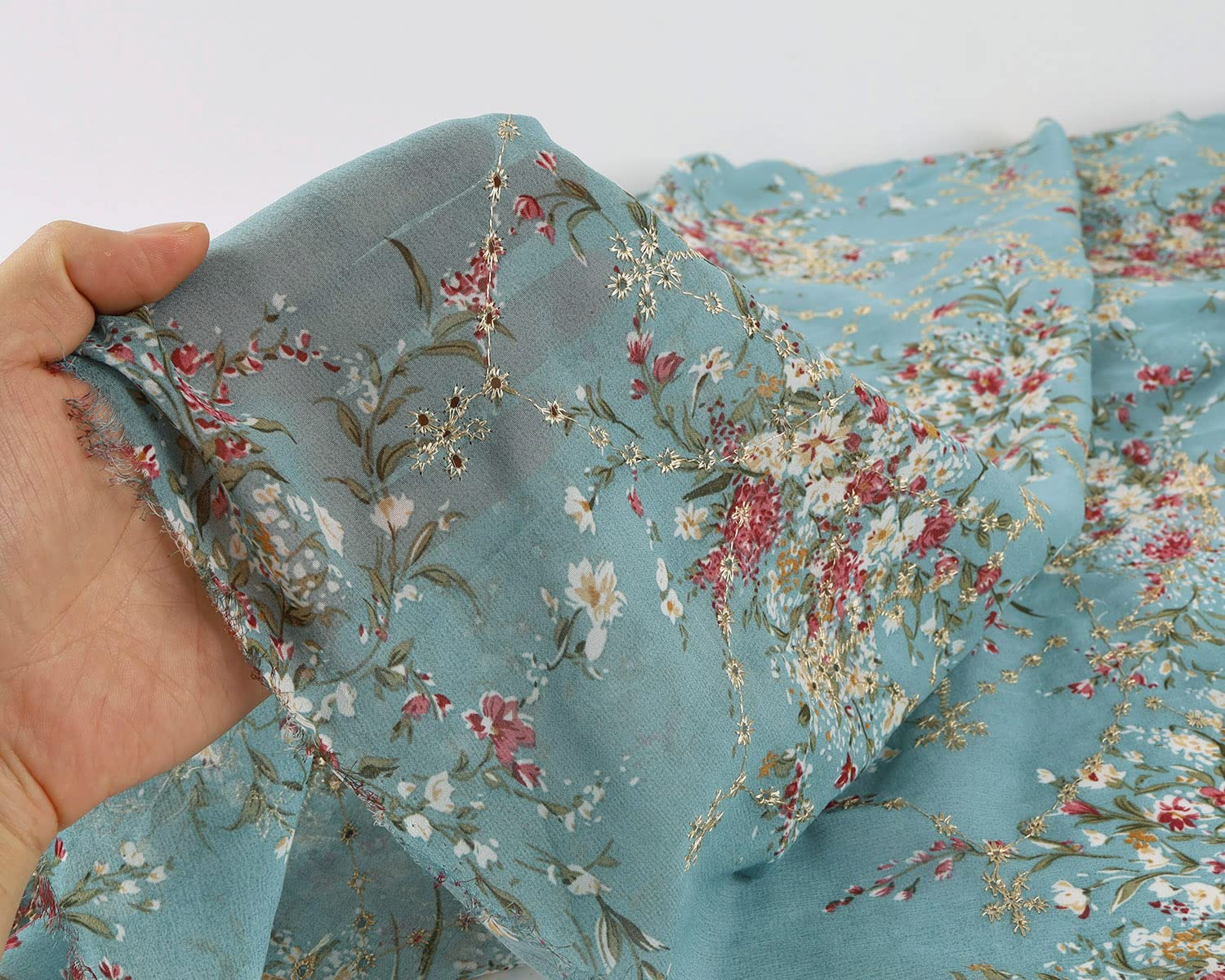 Embroidered Eyelets Chiffon Fabric Drape Floral Printing for Dresses Making 60 inch Wide (Grayish Green, Pre-Cut 4 Yards)