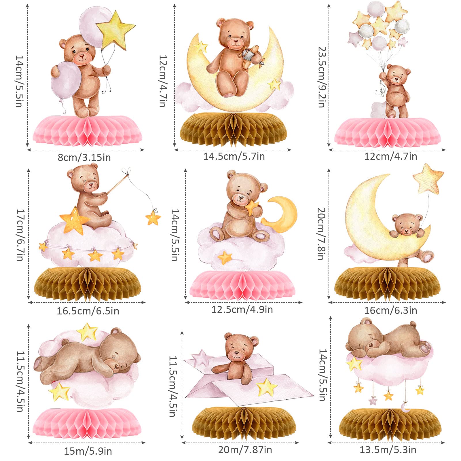 9 Pcs Bear Baby Shower Honeycomb Centerpieces Party Decorate Pink Little Bear Balloons Paper Topper Honeycomb 3D Table Decoration for Kids Party Baby Shower Party Supplies