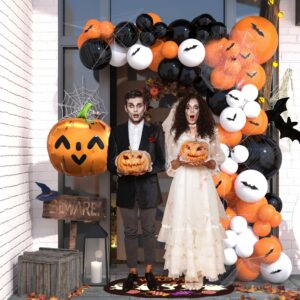 HOUSE OF PARTY Halloween Balloon Garland Kit 80 Pcs - 5/10/12/18 Inch Orange and Black White Balloon Arch with 1 Pumpkin Foil Balloon, PVC Bats & Spider Web For Halloween Party Decorations