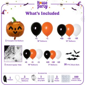 HOUSE OF PARTY Halloween Balloon Garland Kit 80 Pcs - 5/10/12/18 Inch Orange and Black White Balloon Arch with 1 Pumpkin Foil Balloon, PVC Bats & Spider Web For Halloween Party Decorations