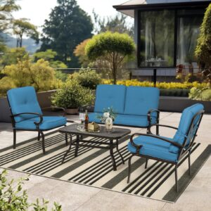 Oakcloud 4Pcs Metal Outdoor Furniture Patio Conversation Set (Loveseat and Coffee Table, 2 Dining Chair) -Wrought Iron Patio Chair Set with Cushions (Blue)