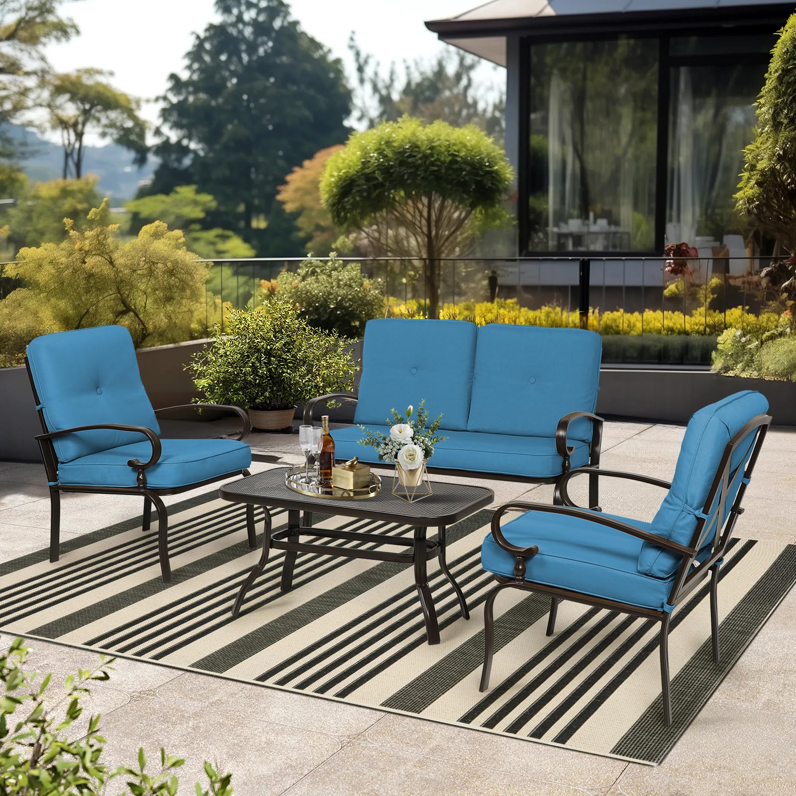 Oakcloud 4Pcs Metal Outdoor Furniture Patio Conversation Set (Loveseat and Coffee Table, 2 Dining Chair) -Wrought Iron Patio Chair Set with Cushions (Blue)