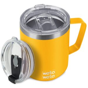 wetoweto 14 oz coffee mug, vacuum insulated camping mug with lid, double wall stainless steel travel tumbler cup, coffee thermos outdoor, powder coated alpine yellow