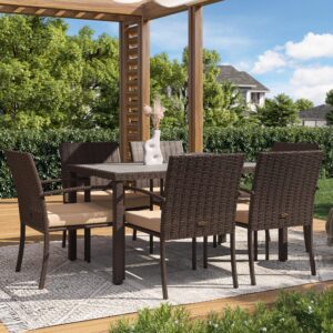 belleze rattan patio set 7 piece, slatted wicker dining table and chairs, outdoor furniture with umbrella cutout, removable cushions for porch - mariel (brown)