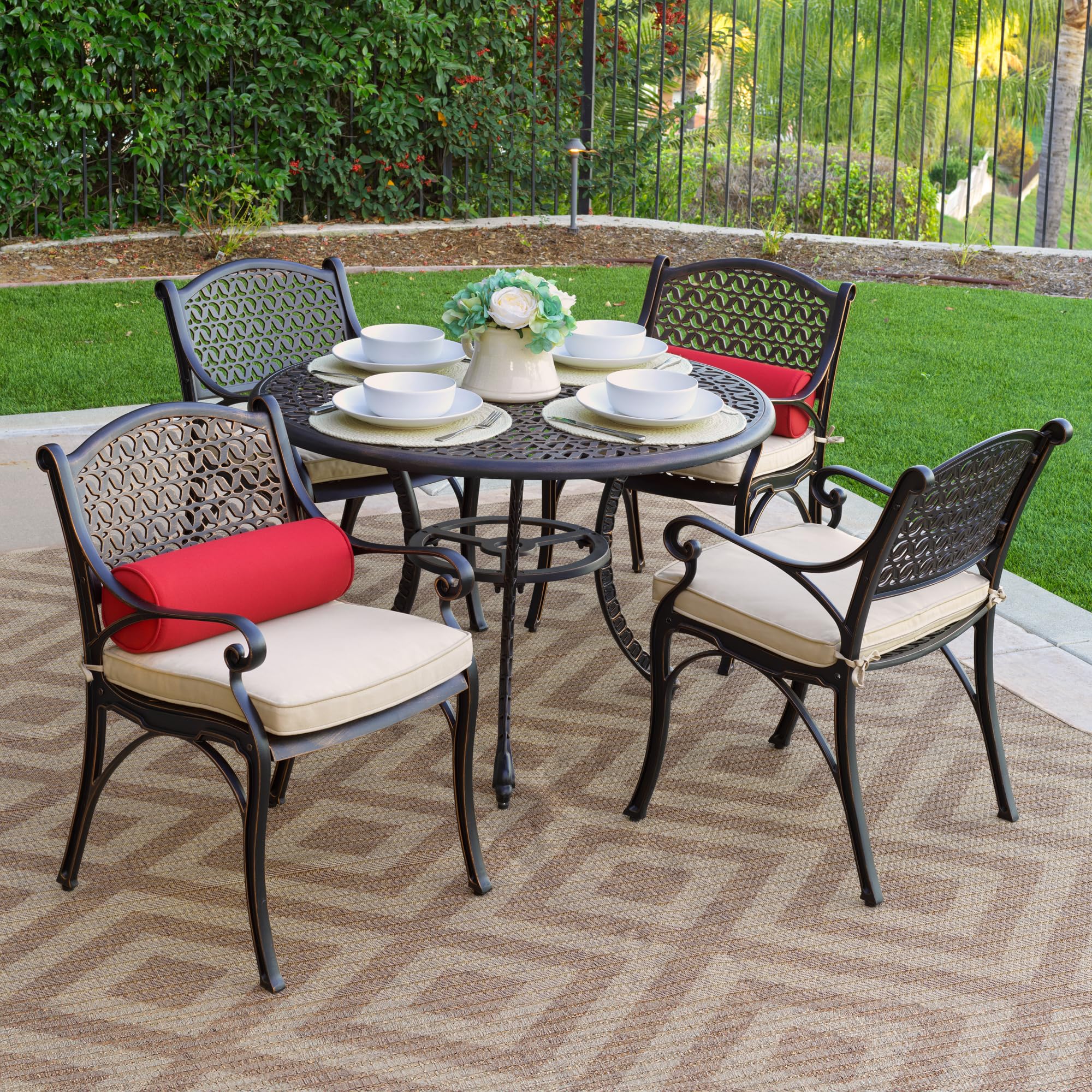 Kinger Home Harmon 5-Piece Cast Aluminum Outdoor Dining Set for 4 with Cushions - Elegant Round Patio Table and Chairs with Umbrella Hole, Bronze