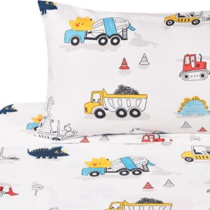 J pinno Dinosaur Construction Work Digger Cars Vehicle Cute Cozy Fun Twin Sheet Set for Kids Girls Children, 100% Cotton, Flat Sheet + Fitted Sheet + Pillowcase Bedding Set (Dinosaur, Twin)