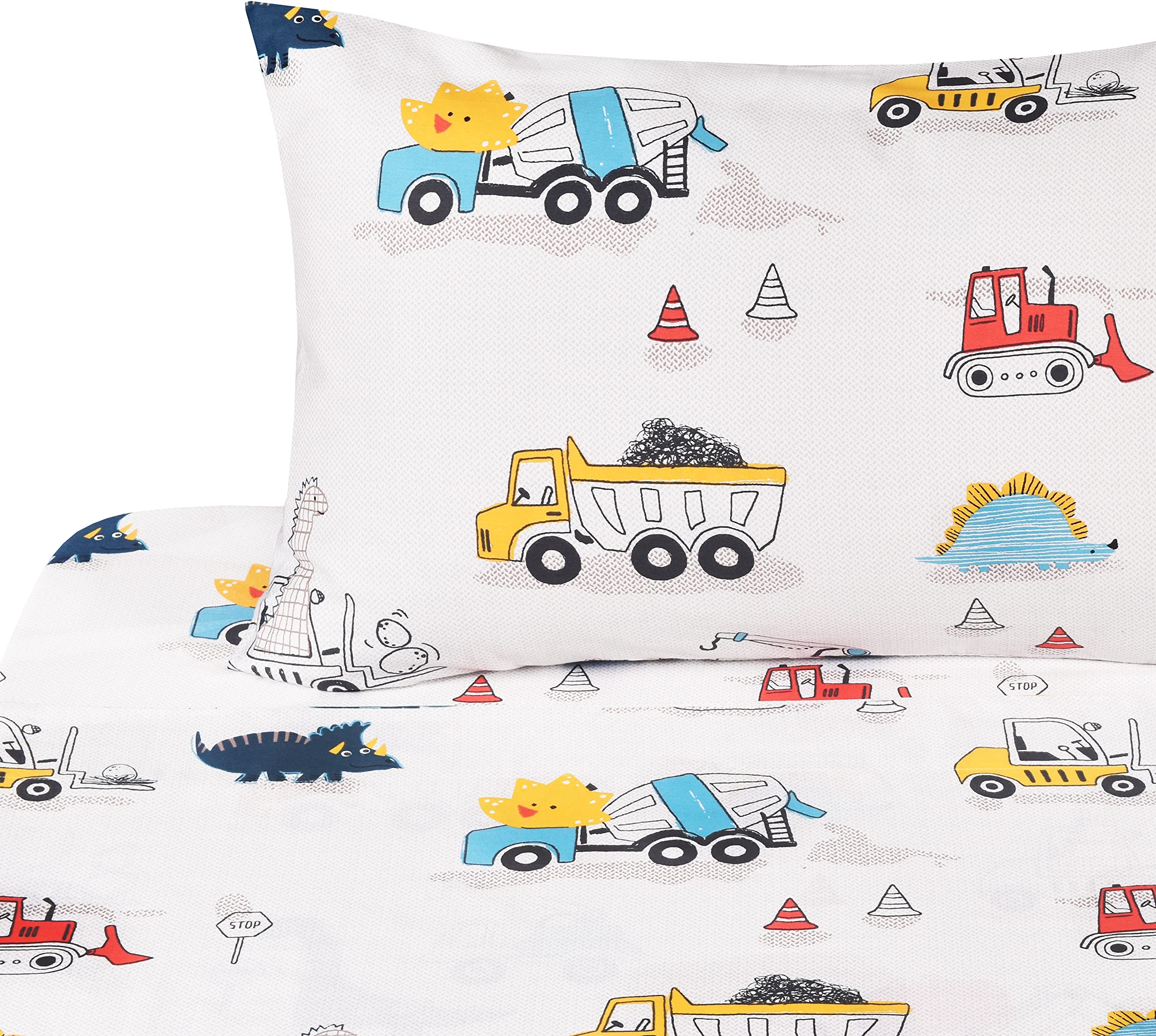 J pinno Dinosaur Construction Work Digger Cars Vehicle Cute Cozy Fun Twin Sheet Set for Kids Girls Children, 100% Cotton, Flat Sheet + Fitted Sheet + Pillowcase Bedding Set (Dinosaur, Twin)