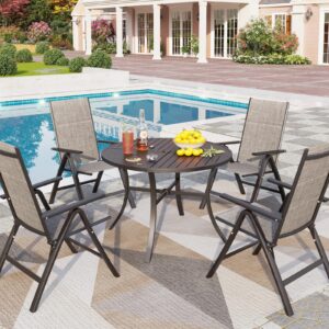 PHI VILLA 5 Piece Outdoor Dining Set, Round Patio Table and Chairs Set for 4, Patio Furniture Dining Set Aluminum with Adjustble Folding Padded Patio Chairs