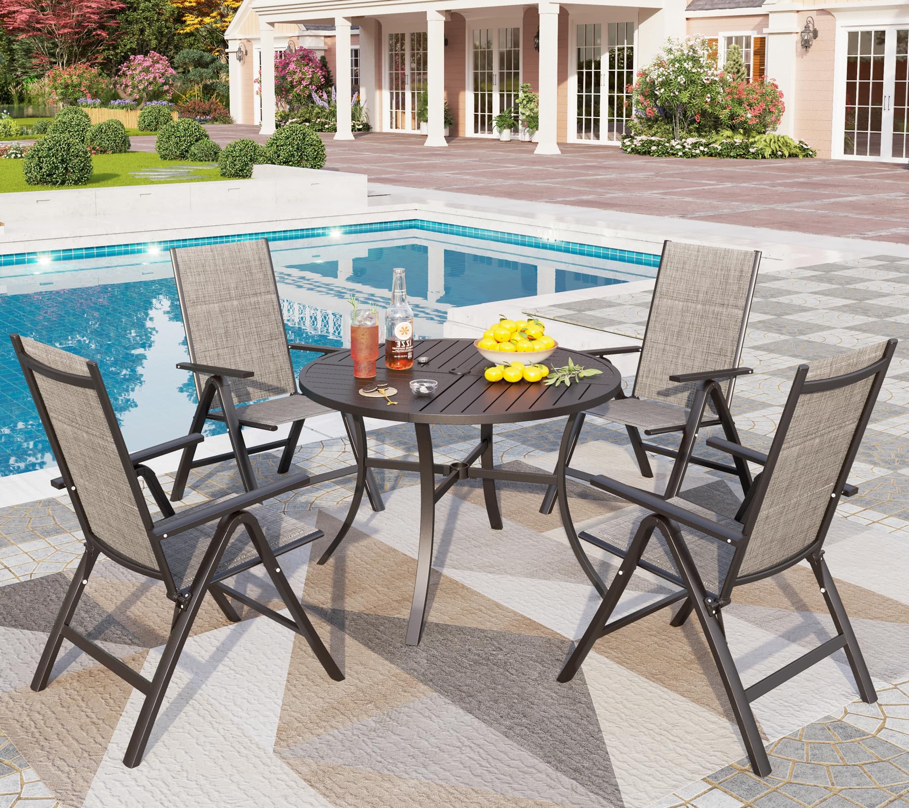 PHI VILLA 5 Piece Outdoor Dining Set, Round Patio Table and Chairs Set for 4, Patio Furniture Dining Set Aluminum with Adjustble Folding Padded Patio Chairs