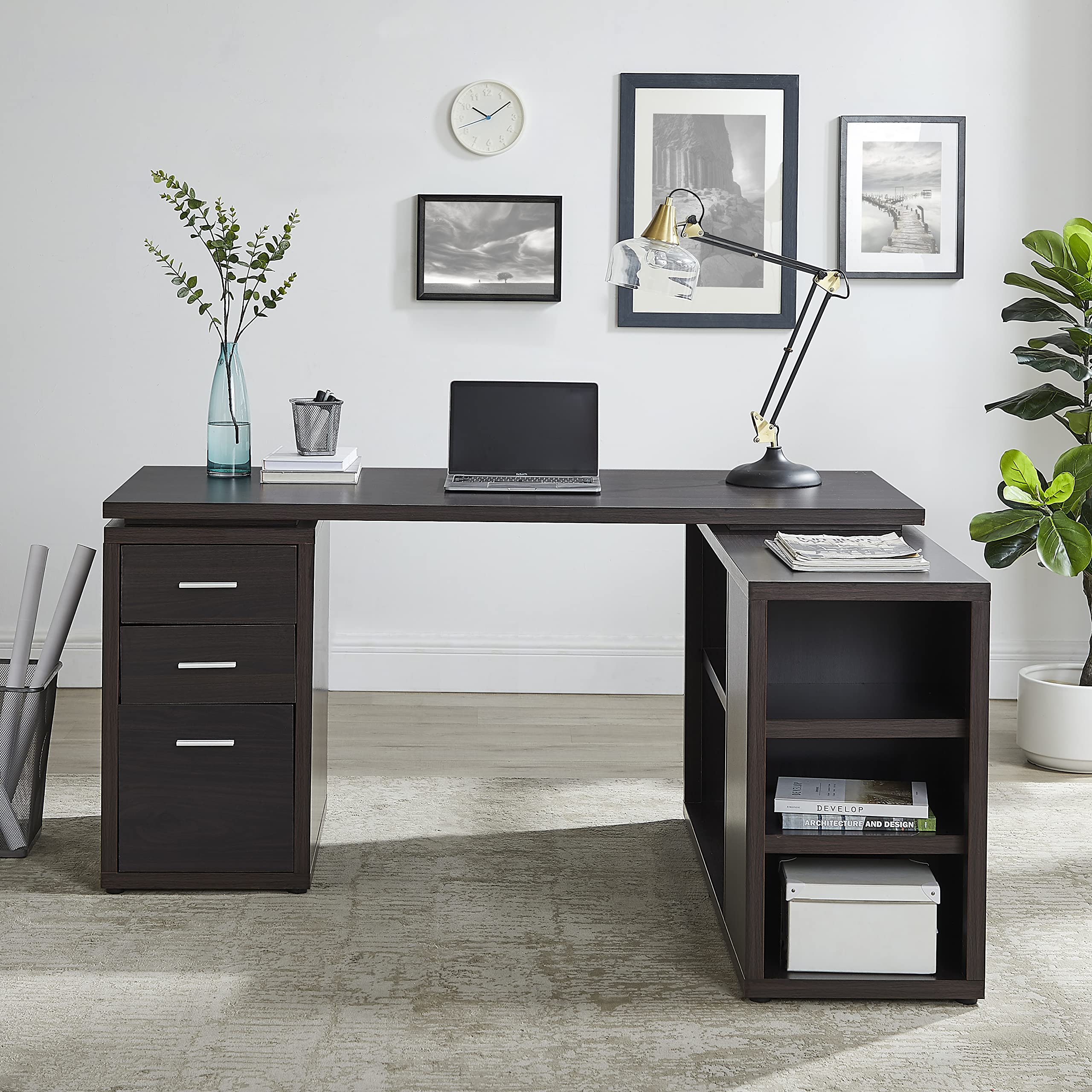 Naomi Home Ariel L Shaped Executive Desk with Drawers, Wood Home Office Corner Desk, File Drawer, Storage Cabinet, 60 inch Computer Writing Desk- Espresso