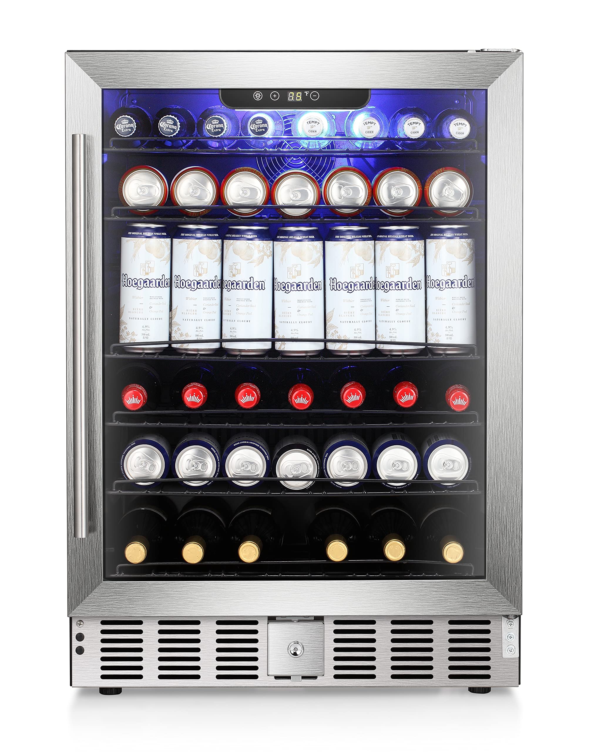 Antarctic Star 5.1 Cu.Ft Beverage Refrigerator,166 Can Wine Cooler,Low Noise,Transparent Glass Door, Efficient Cooling System with Safety Lock, for Home, Bar, Office, 24 Inch, Stainless Steel Silver