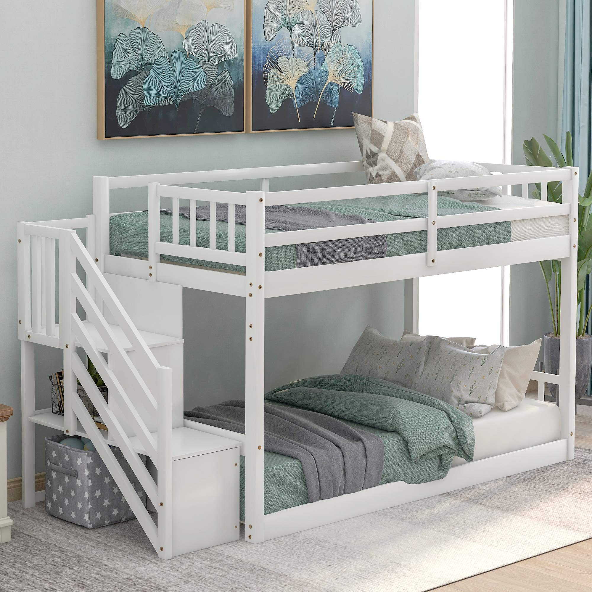 Merax Twin Over Twin Low Bunk Bed with Ladder and for Storage Staircase for Teens, Boys or Girls, No Box Sping Needed