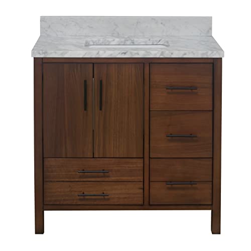 California 36-inch Bathroom Vanity (Carrara/Walnut): Includes Walnut Cabinet with Authentic Italian Carrara Marble Countertop and White Ceramic Sink