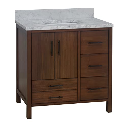 California 36-inch Bathroom Vanity (Carrara/Walnut): Includes Walnut Cabinet with Authentic Italian Carrara Marble Countertop and White Ceramic Sink