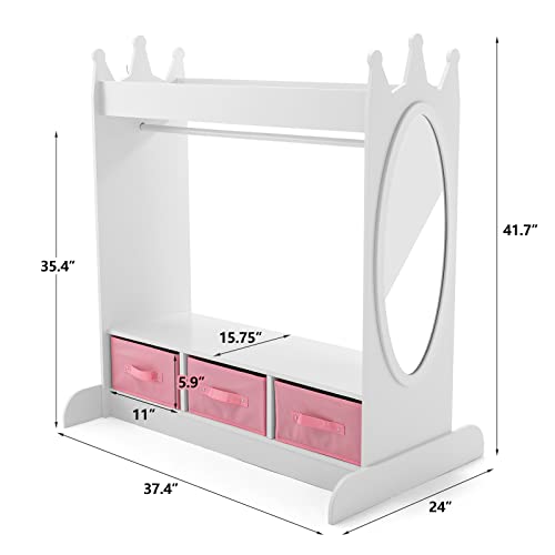 Kids Armoire Dress-Up Storage w/Mirror and Drawers,Dress up Closet,Costume Dress up Wardrobe,Pretend Storage Closet for Kids w/Side Pocket Top Shelf Shoes Storage for Bedroom Girls Room, White