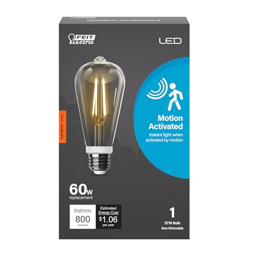 Feit Electric Motion Sensor, Non-Dimmable, Indoor/Outdoor LED Bulb with Exposed Filament, ST19 on E26 Base, High CRI, 60 Watts Equivalent, 2700K, Soft White - ST19CL927CA/MM/FILED